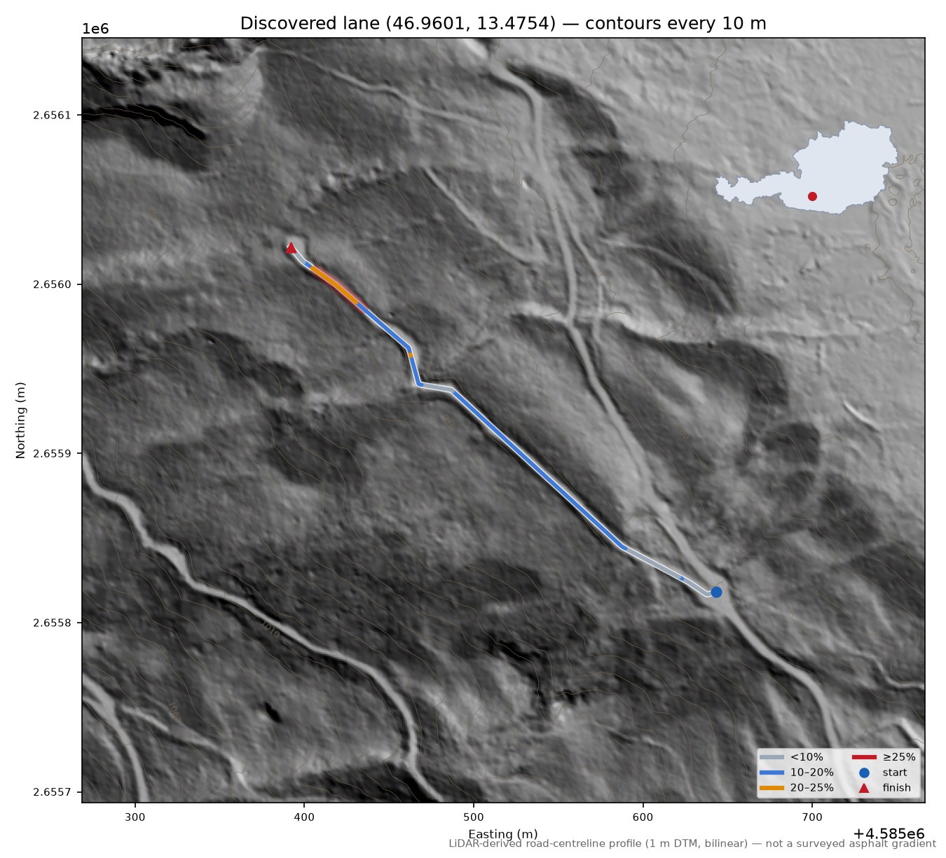 Discovered lane (46.9601, 13.4754) LiDAR hillshade map with contours