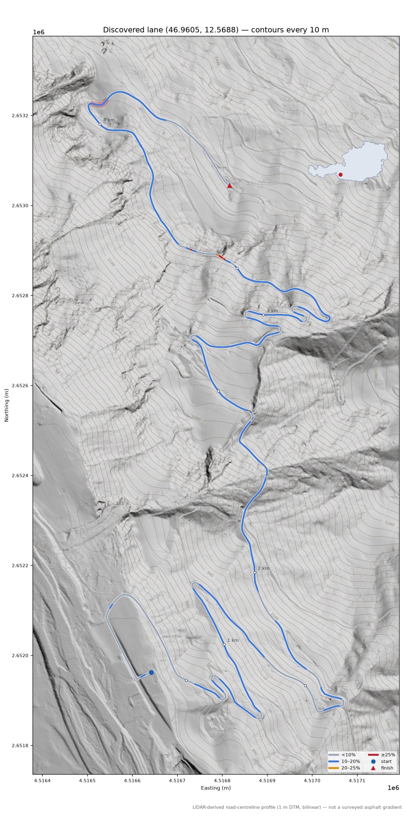 Discovered lane (46.9605, 12.5688) LiDAR hillshade map with contours