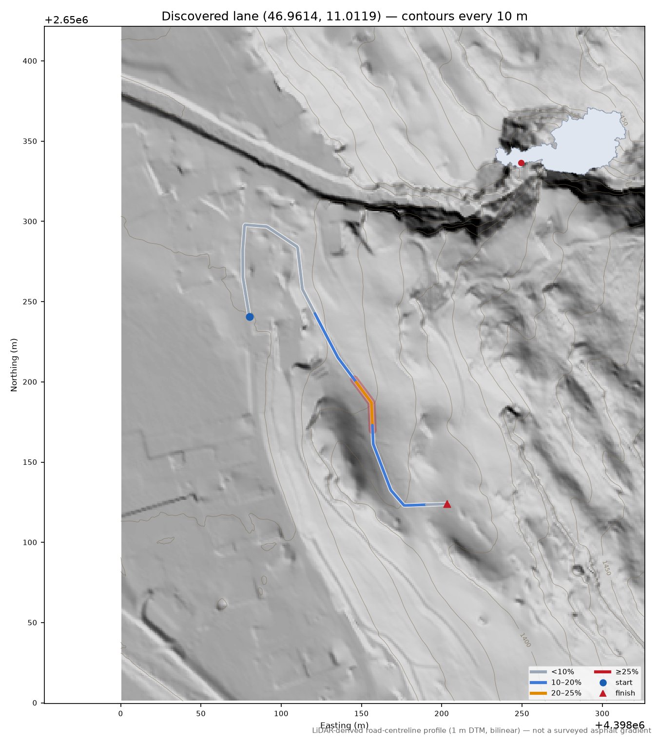 Discovered lane (46.9614, 11.0119) LiDAR hillshade map with contours