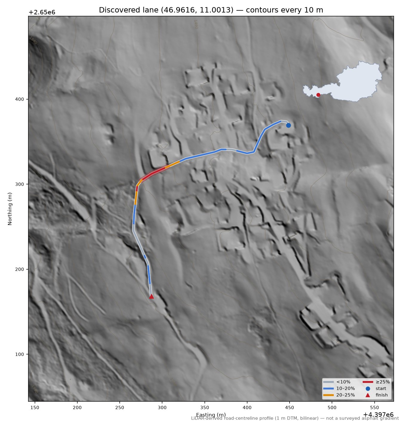 Discovered lane (46.9616, 11.0013) LiDAR hillshade map with contours