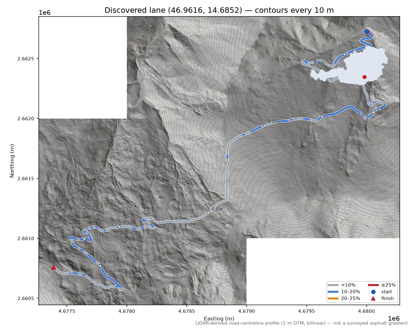 Discovered lane (46.9616, 14.6852) LiDAR hillshade map with contours