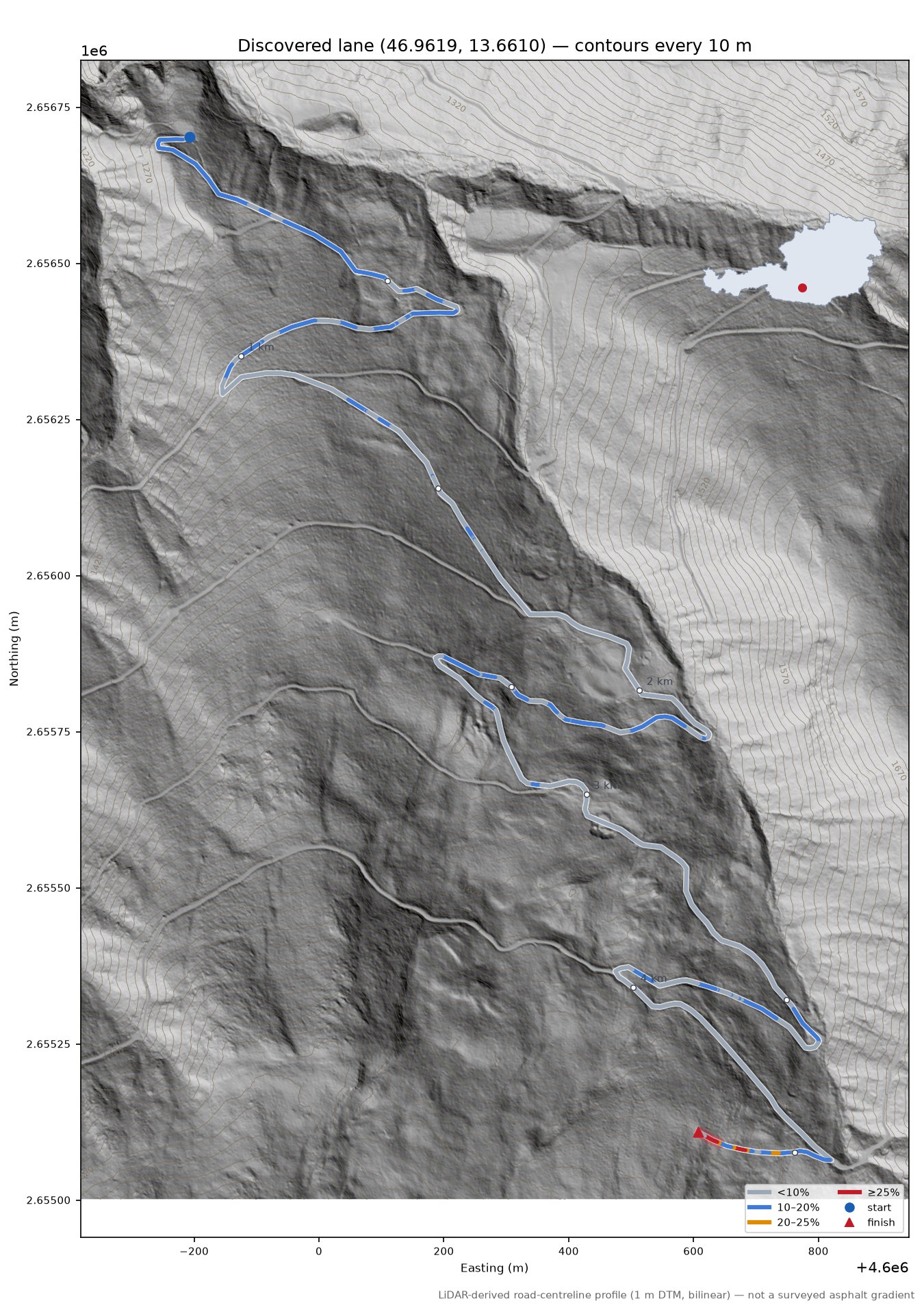 Discovered lane (46.9619, 13.6610) LiDAR hillshade map with contours