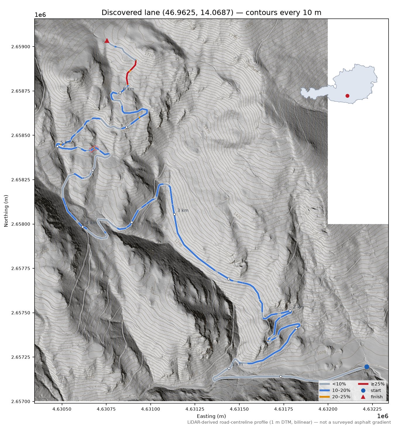 Discovered lane (46.9625, 14.0687) LiDAR hillshade map with contours