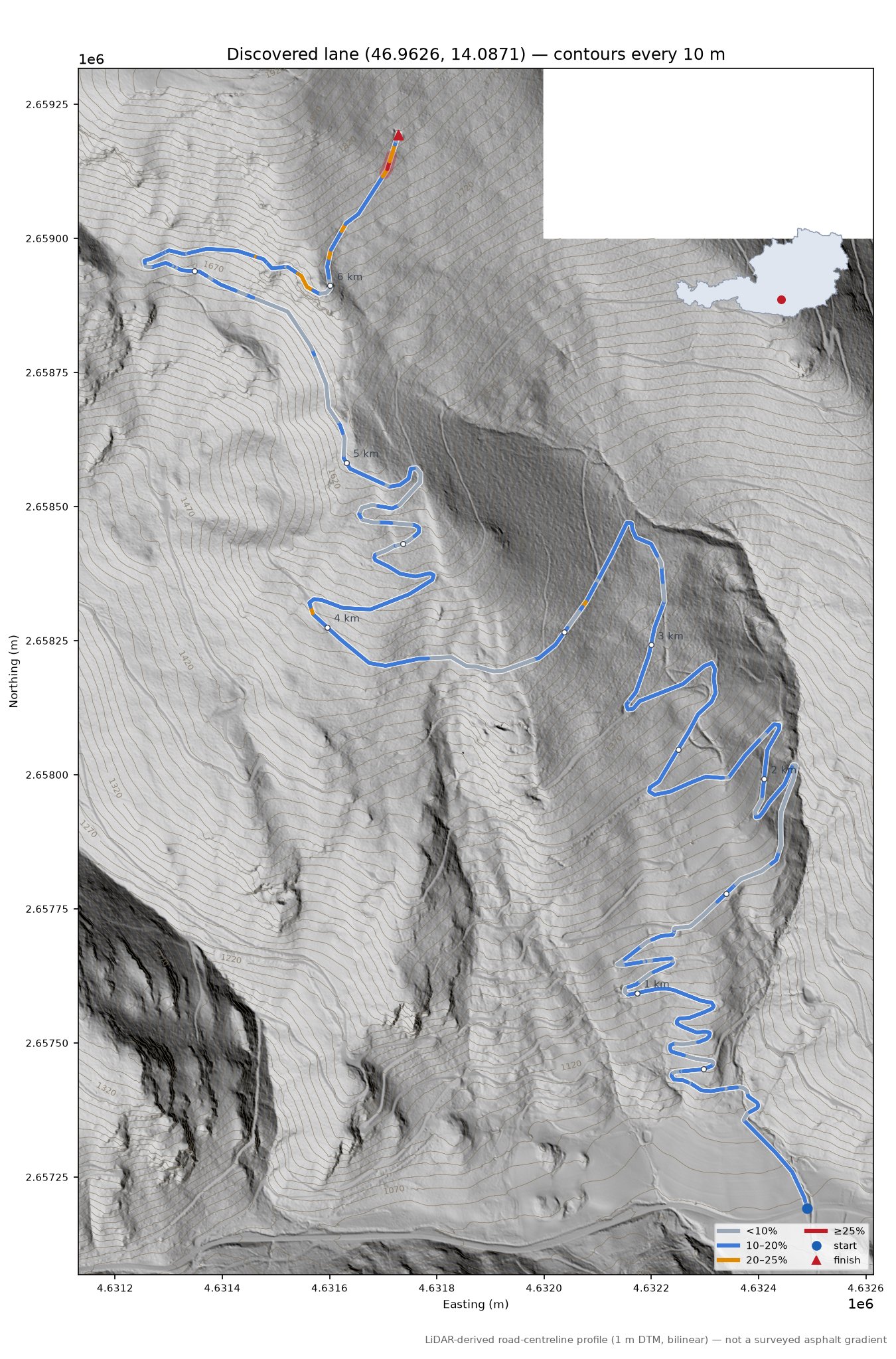 Discovered lane (46.9626, 14.0871) LiDAR hillshade map with contours