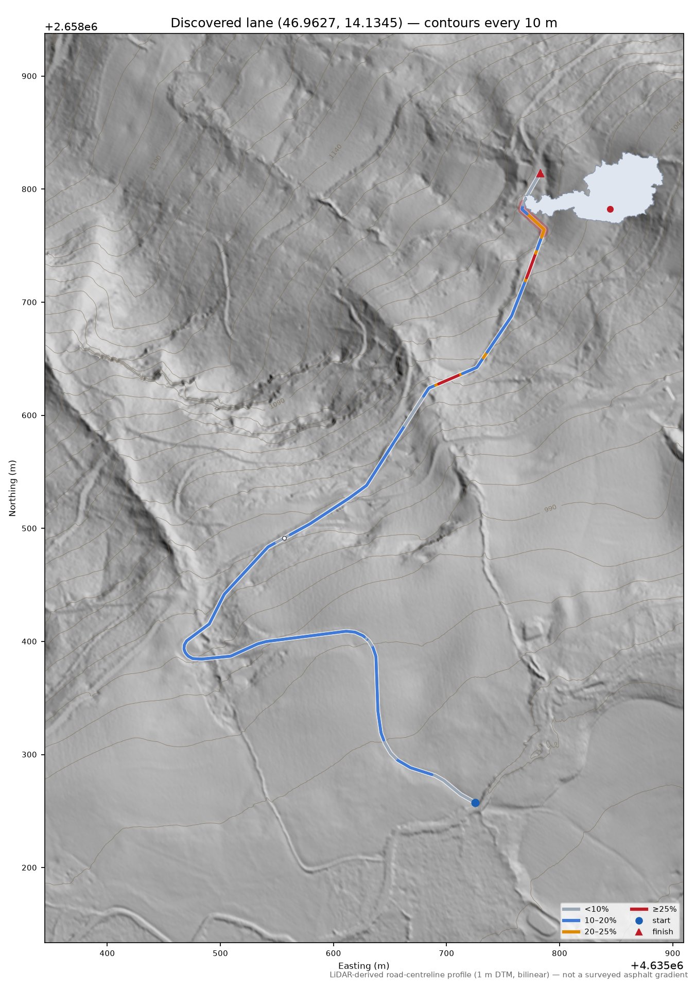 Discovered lane (46.9627, 14.1345) LiDAR hillshade map with contours
