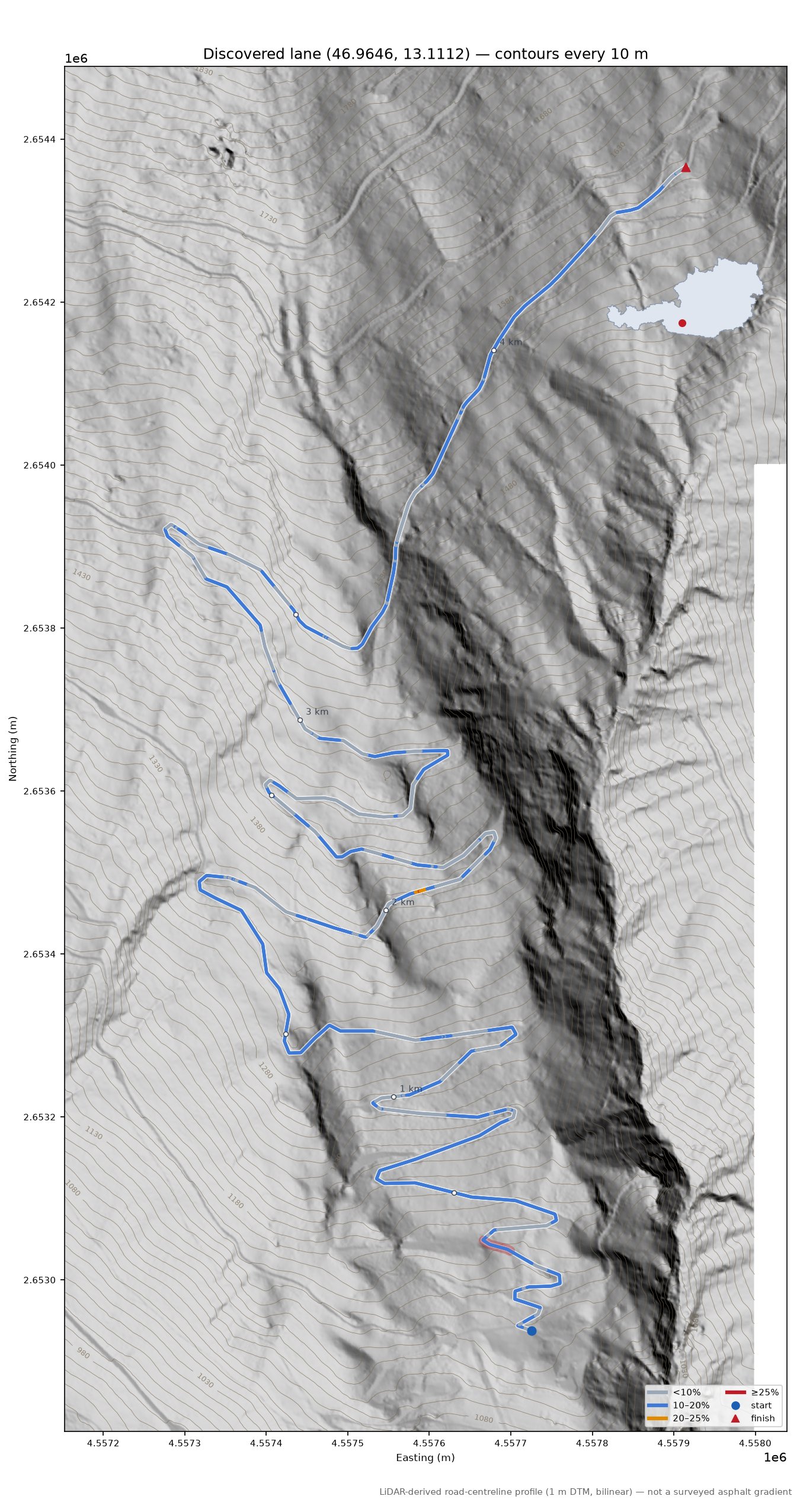 Discovered lane (46.9646, 13.1112) LiDAR hillshade map with contours