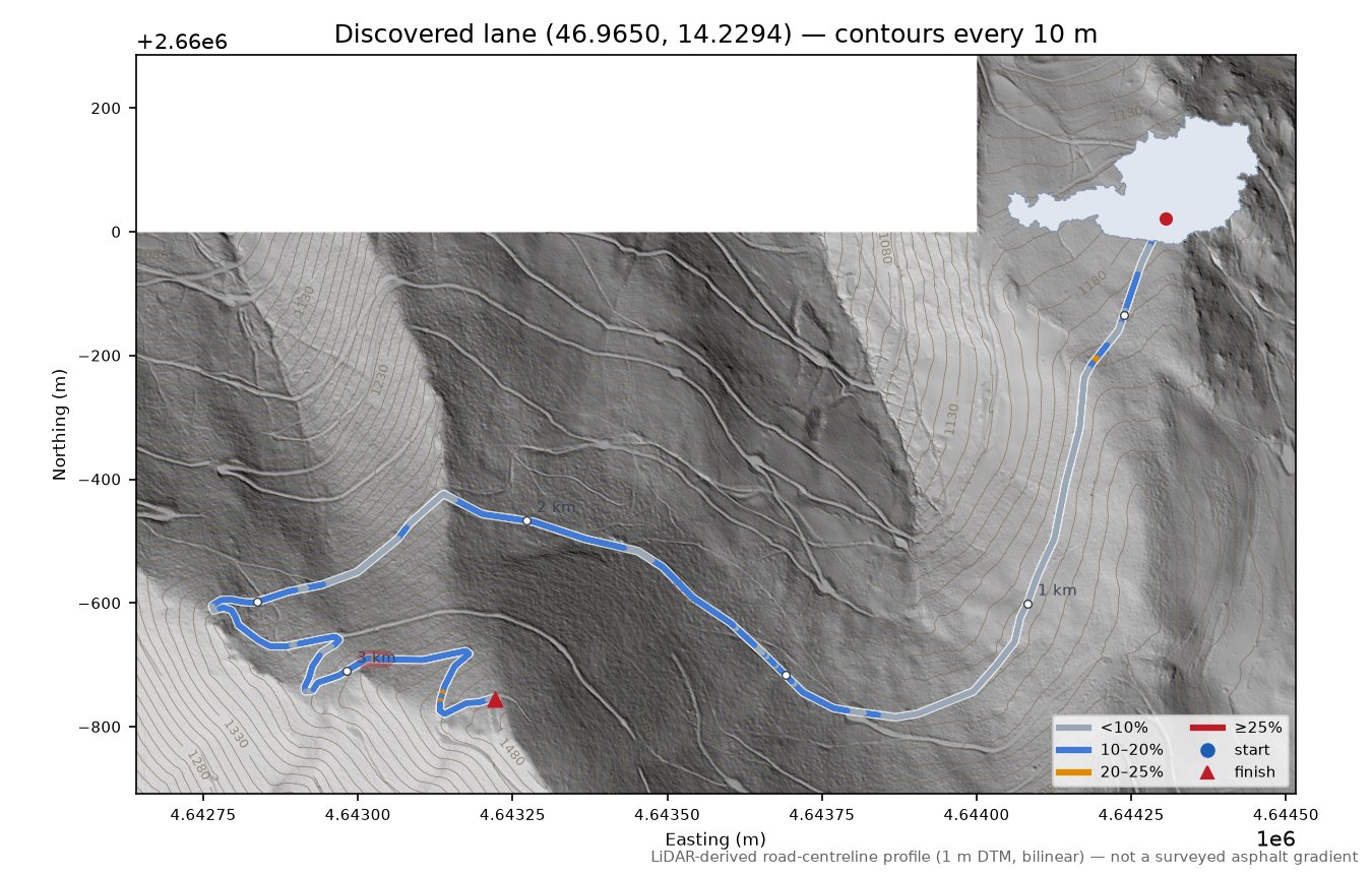 Discovered lane (46.9650, 14.2294) LiDAR hillshade map with contours