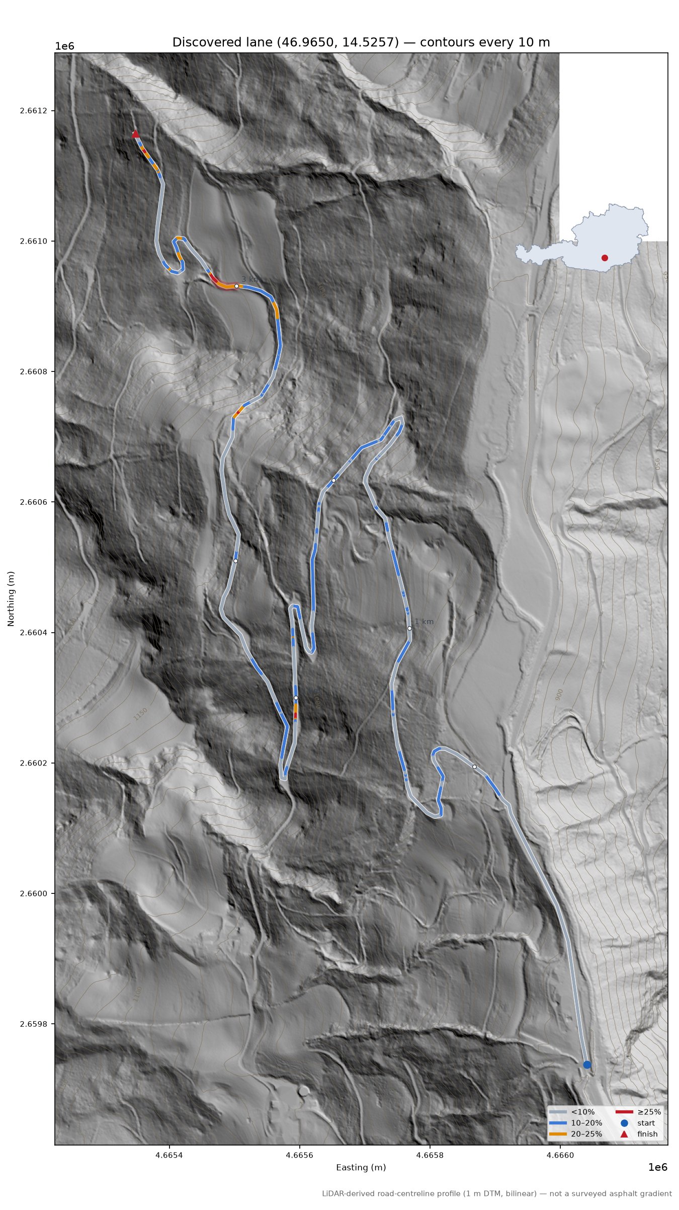 Discovered lane (46.9650, 14.5257) LiDAR hillshade map with contours