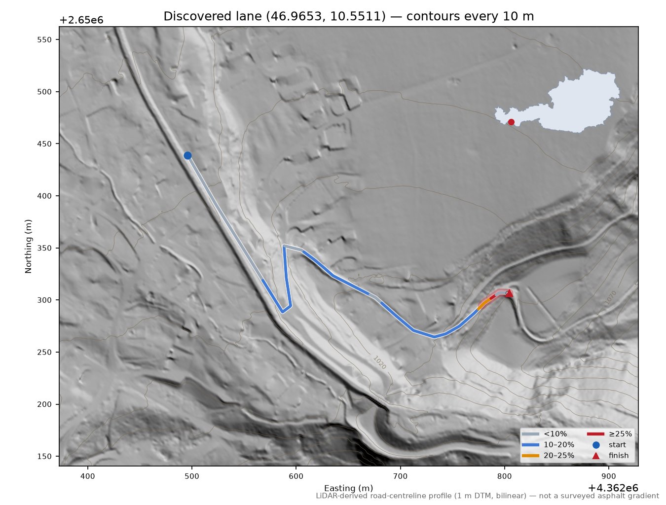 Discovered lane (46.9653, 10.5511) LiDAR hillshade map with contours