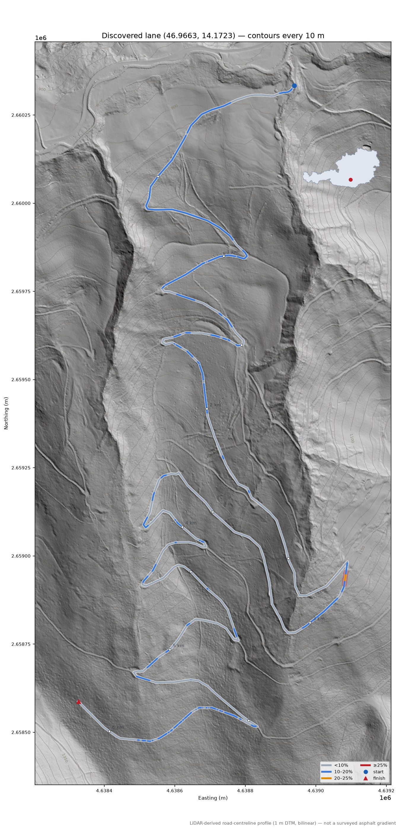 Discovered lane (46.9663, 14.1723) LiDAR hillshade map with contours