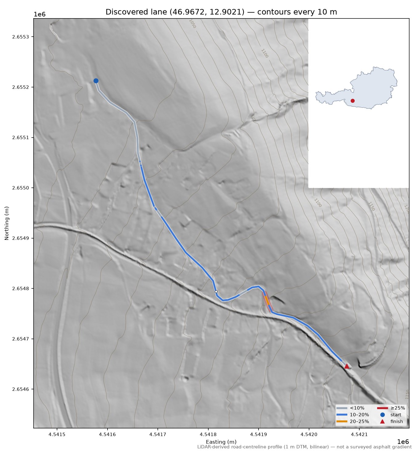 Discovered lane (46.9672, 12.9021) LiDAR hillshade map with contours