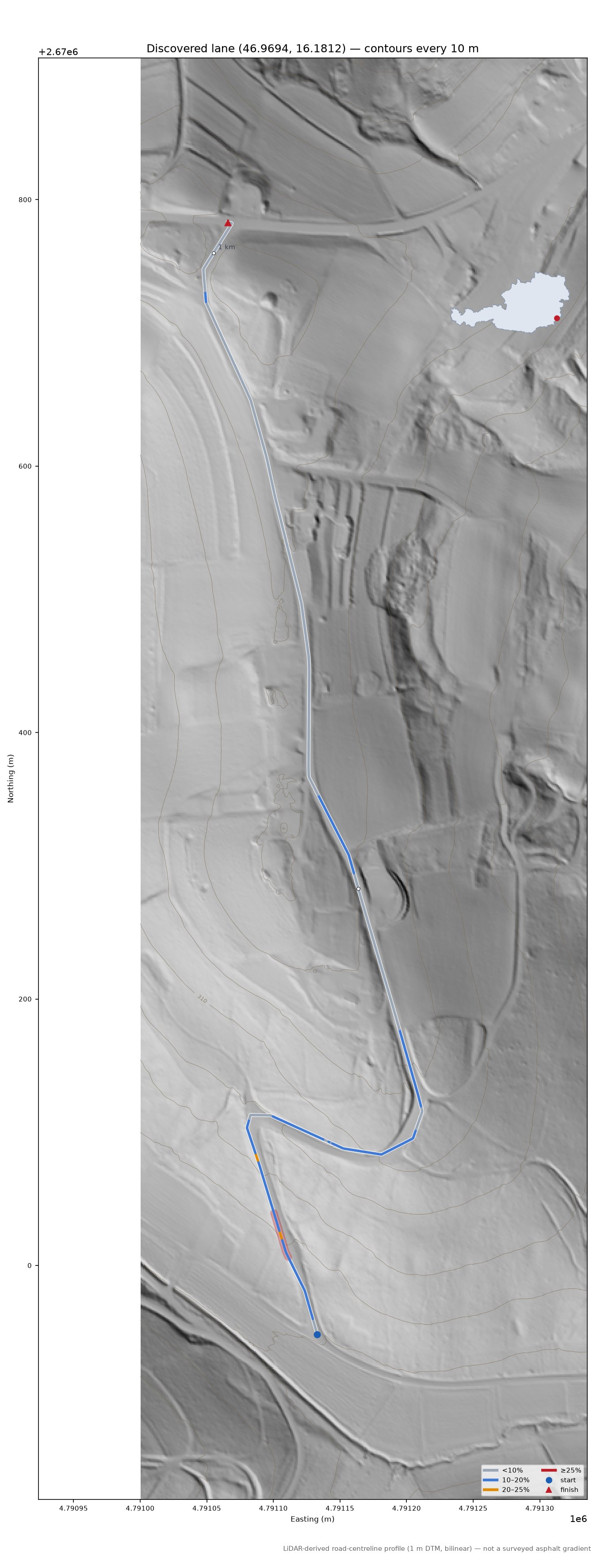 Discovered lane (46.9694, 16.1812) LiDAR hillshade map with contours