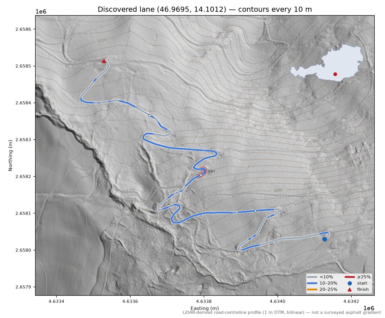 Discovered lane (46.9695, 14.1012) LiDAR hillshade map with contours