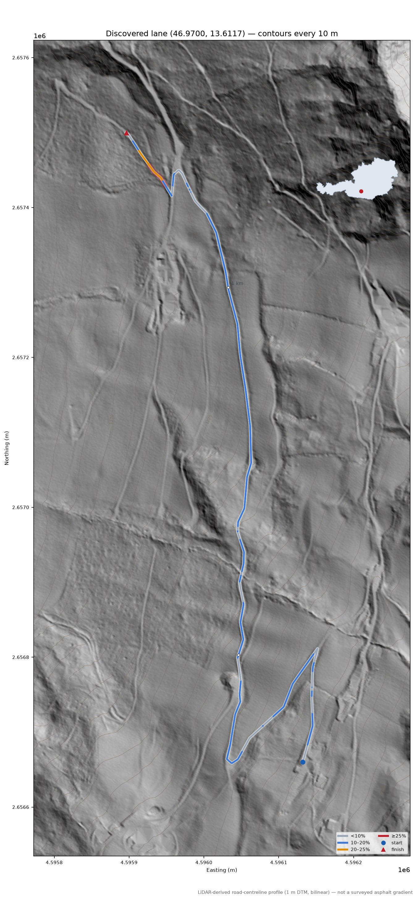 Discovered lane (46.9700, 13.6117) LiDAR hillshade map with contours