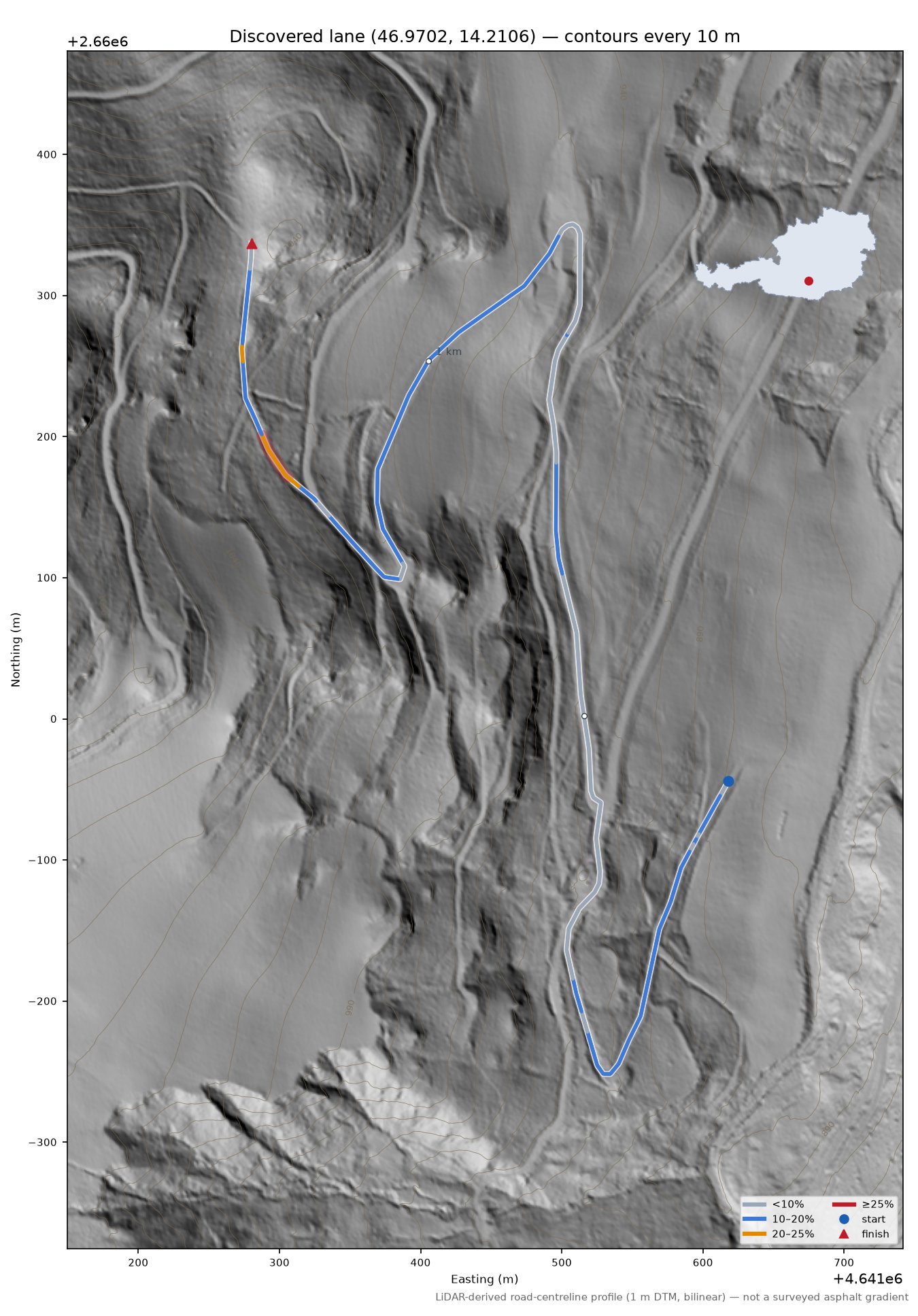 Discovered lane (46.9702, 14.2106) LiDAR hillshade map with contours