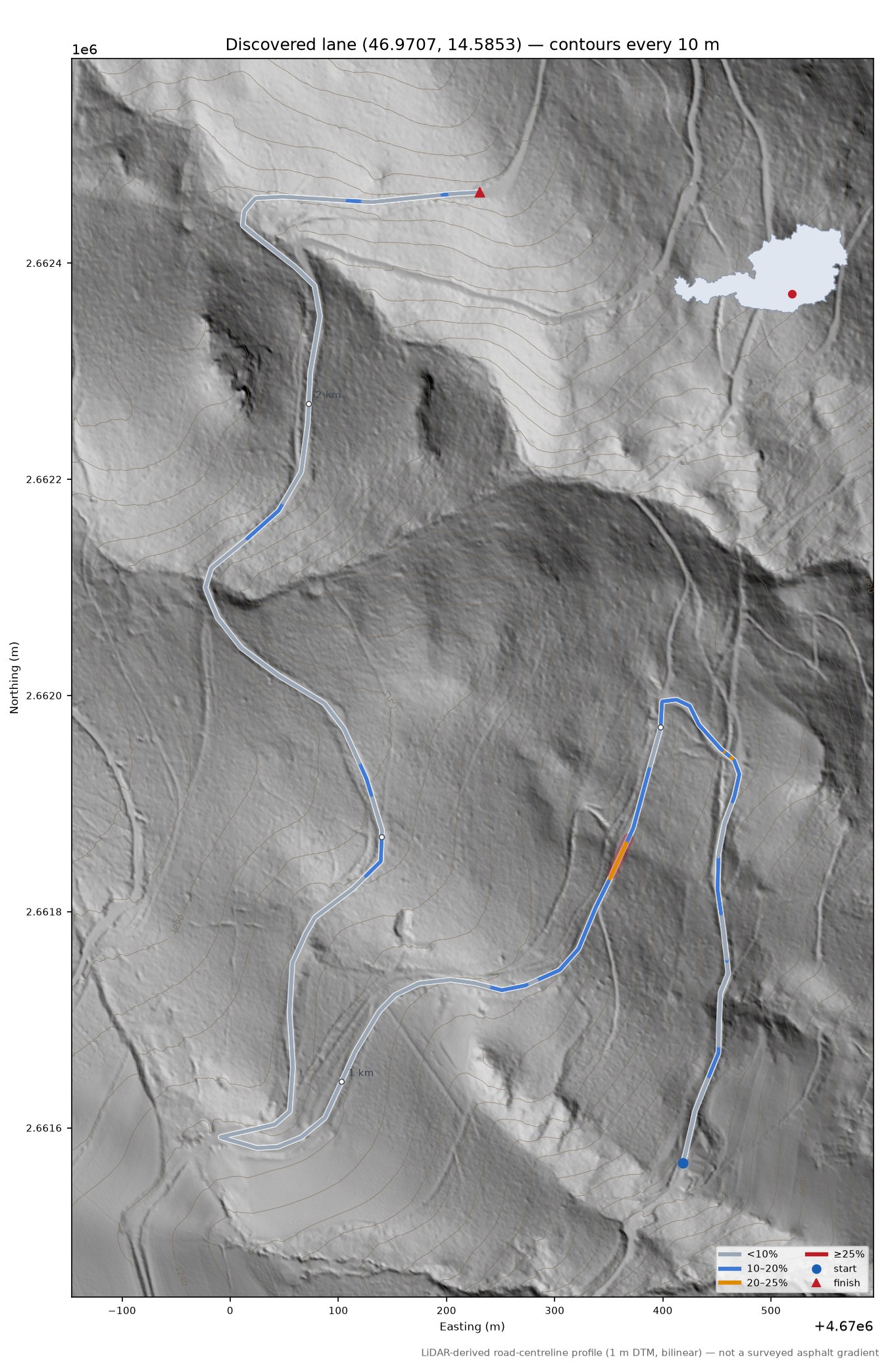 Discovered lane (46.9707, 14.5853) LiDAR hillshade map with contours