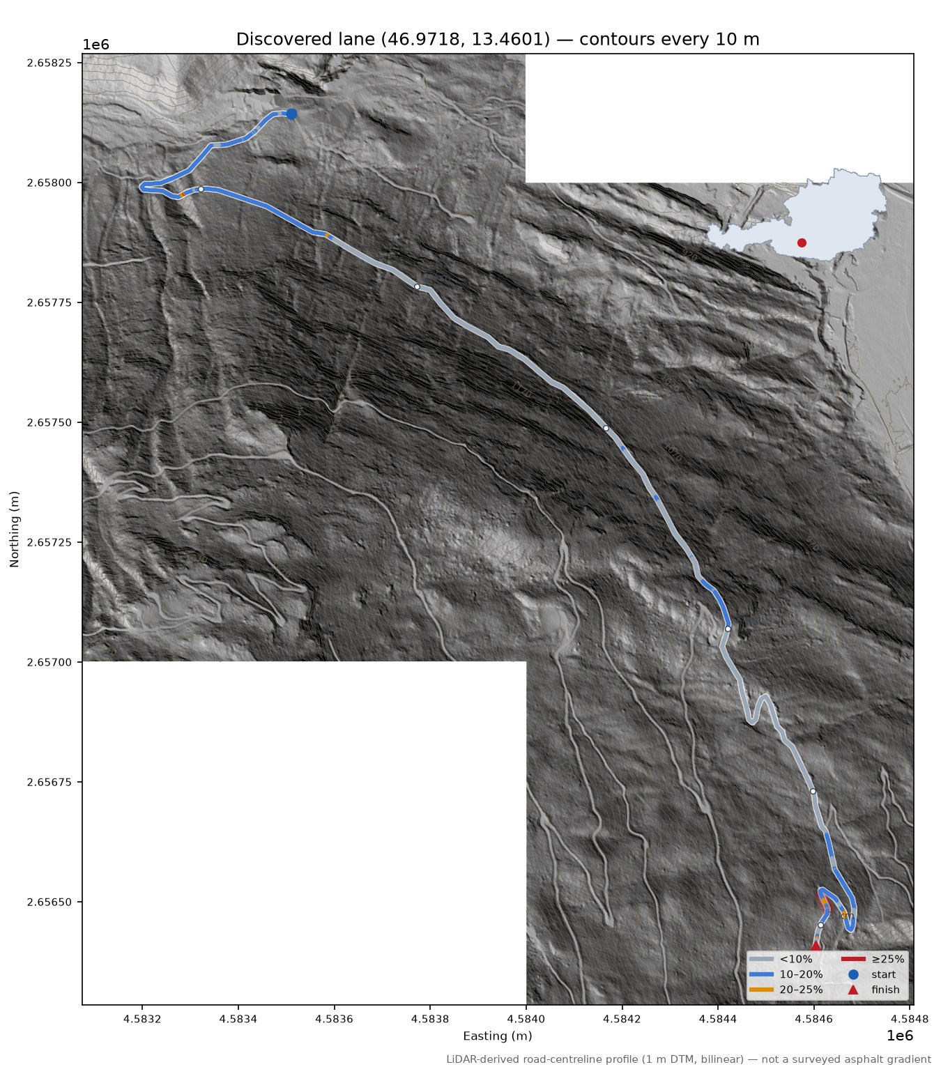 Discovered lane (46.9718, 13.4601) LiDAR hillshade map with contours