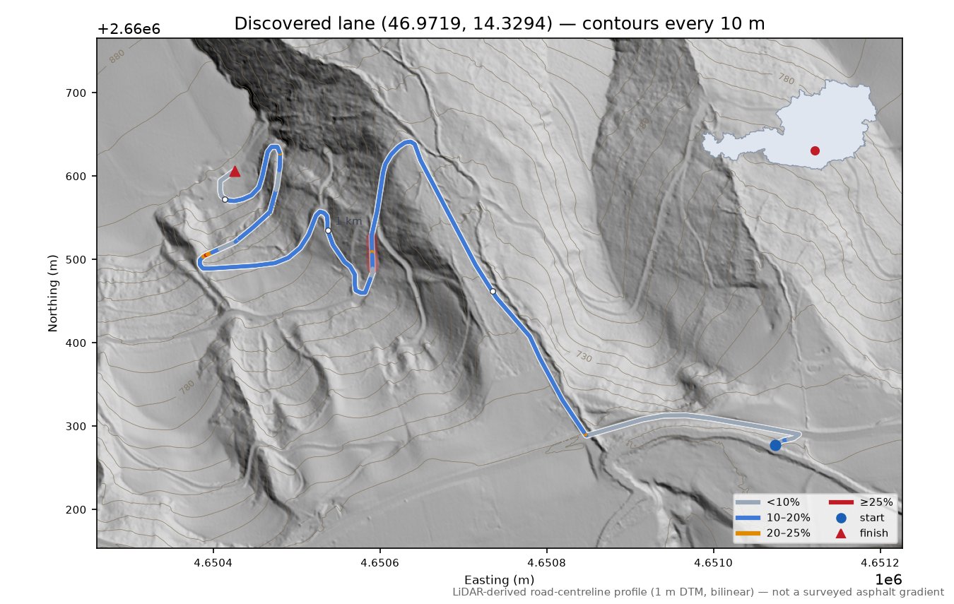 Discovered lane (46.9719, 14.3294) LiDAR hillshade map with contours