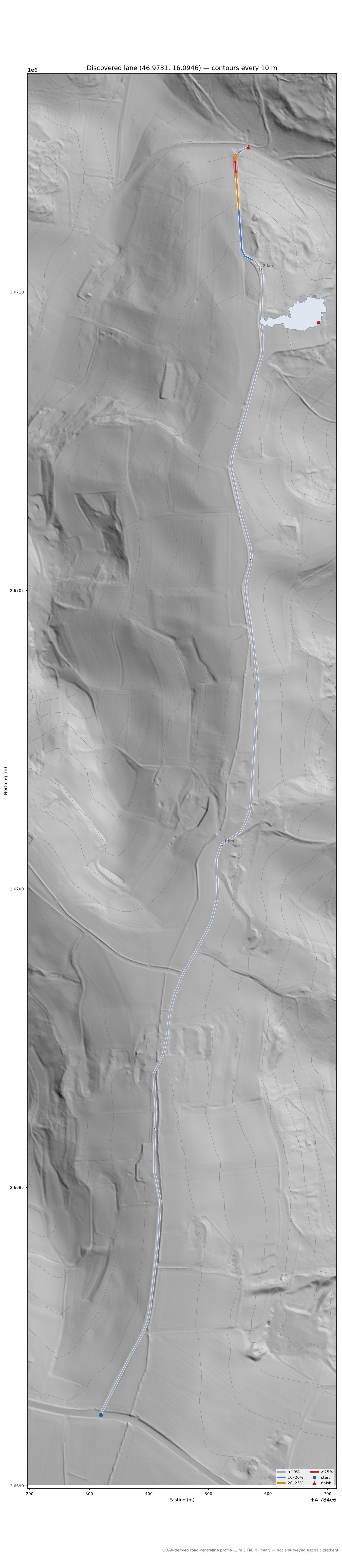 Discovered lane (46.9731, 16.0946) LiDAR hillshade map with contours