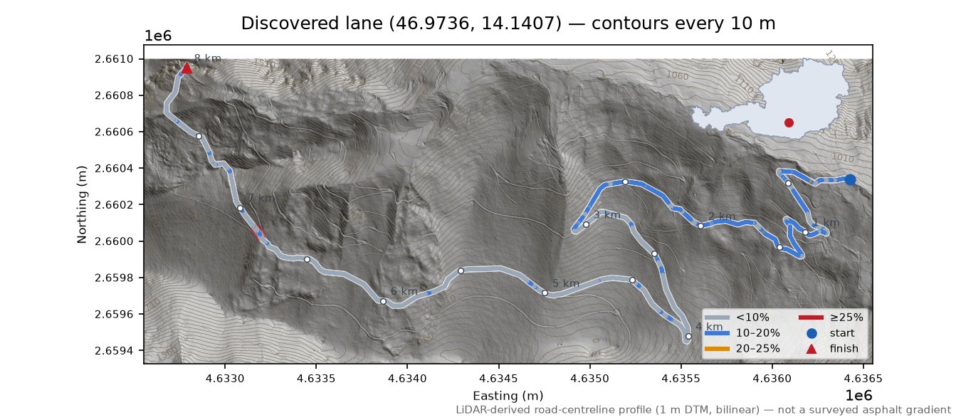 Discovered lane (46.9736, 14.1407) LiDAR hillshade map with contours