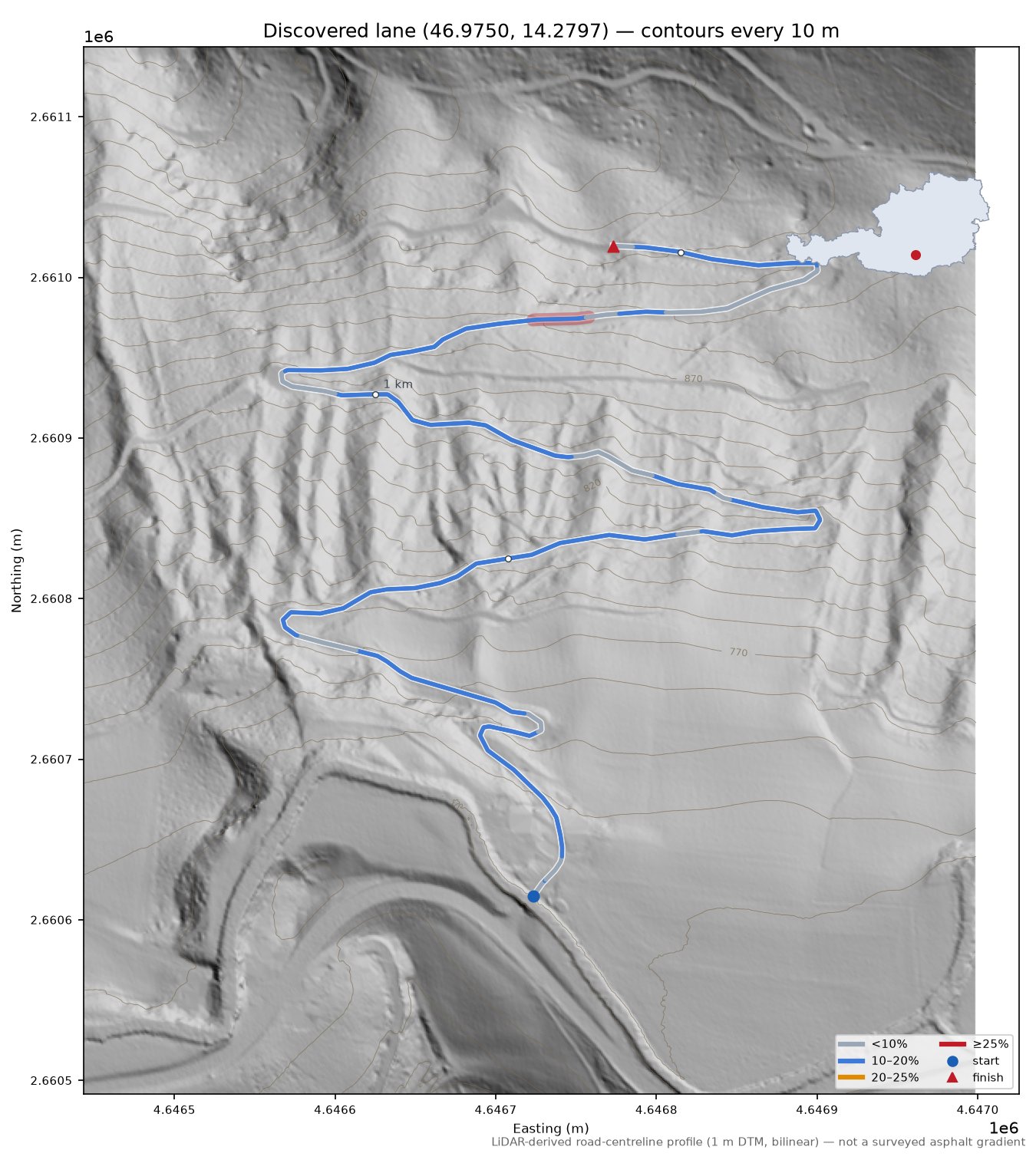 Discovered lane (46.9750, 14.2797) LiDAR hillshade map with contours
