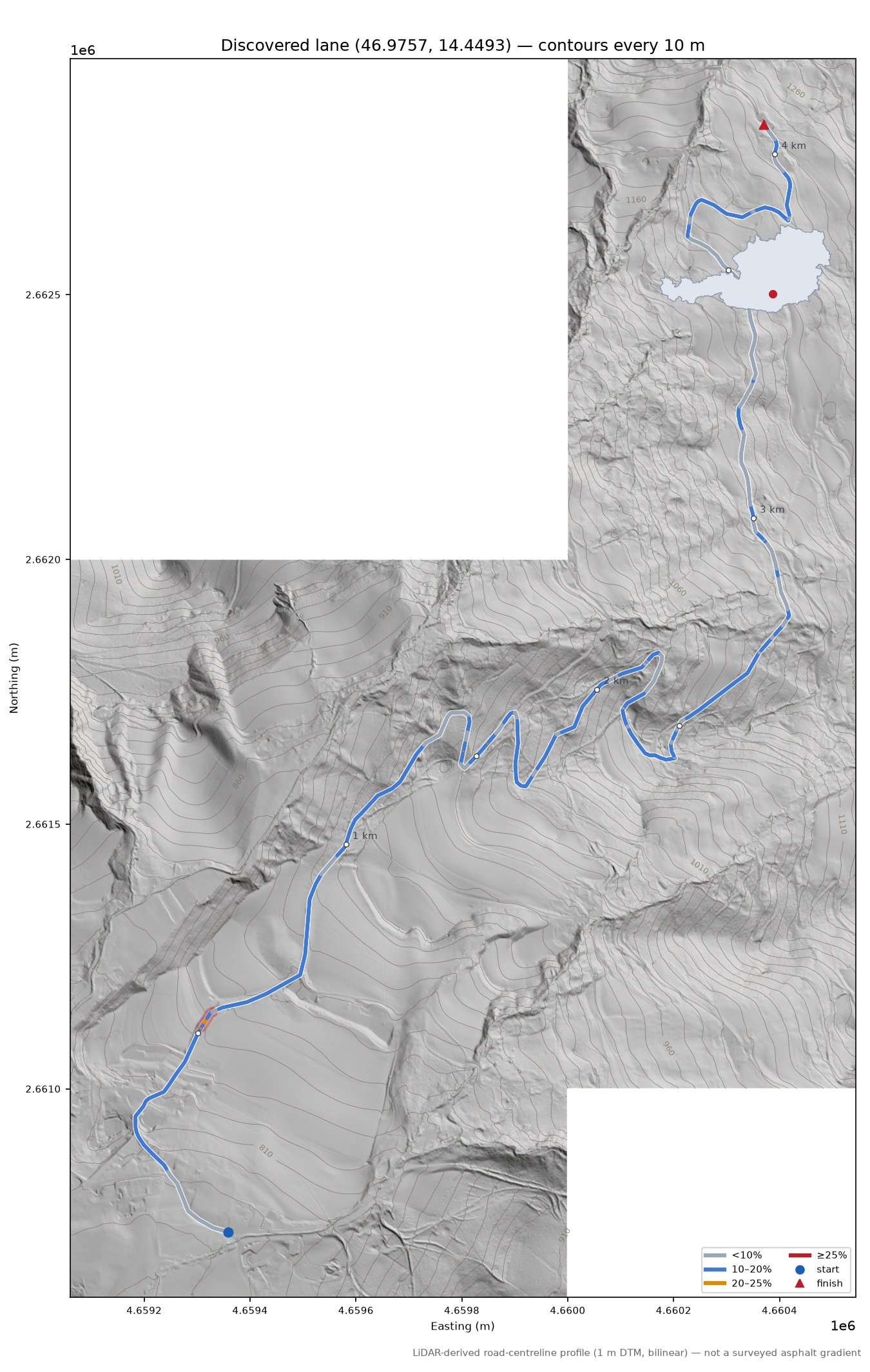 Discovered lane (46.9757, 14.4493) LiDAR hillshade map with contours