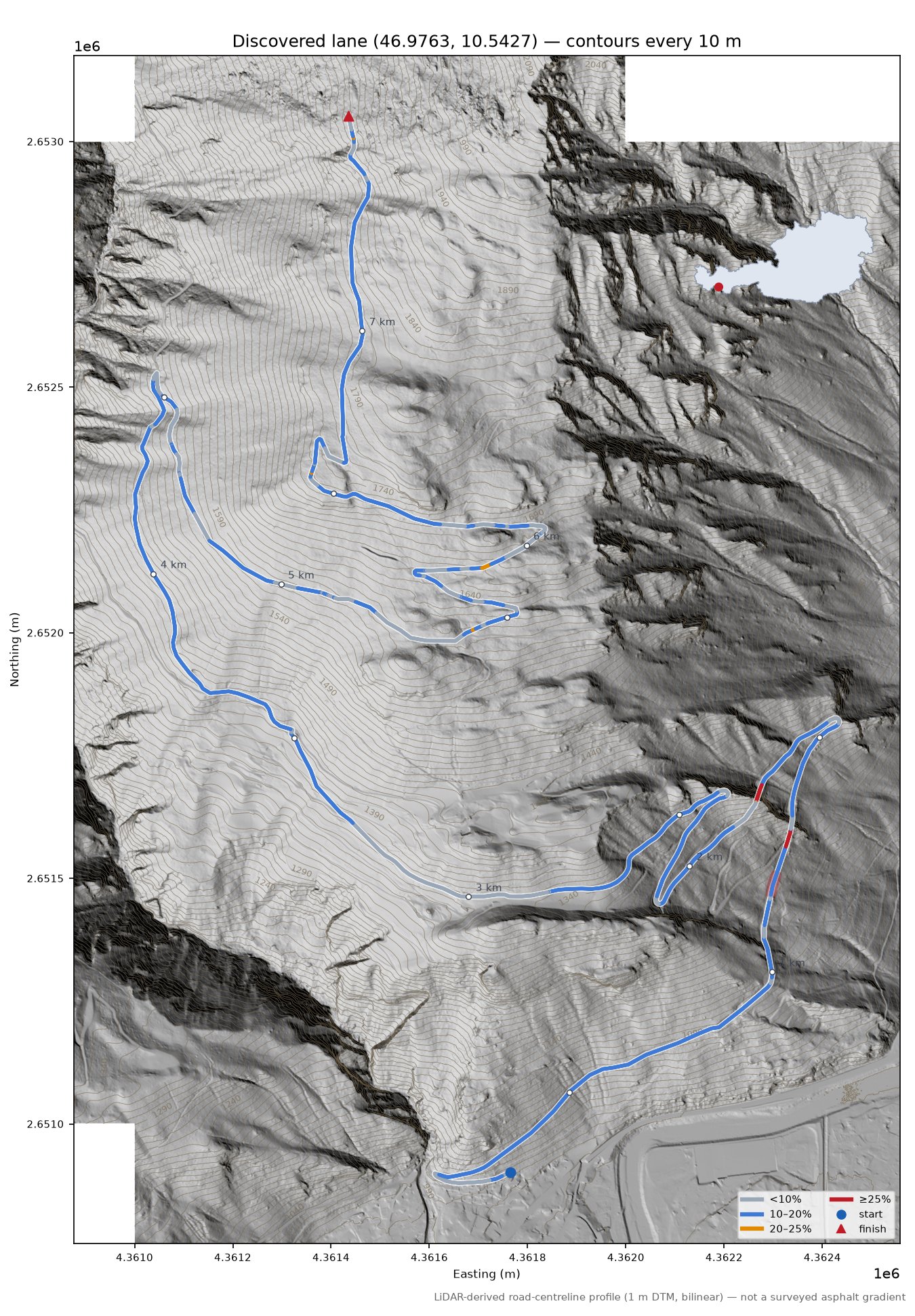 Discovered lane (46.9763, 10.5427) LiDAR hillshade map with contours