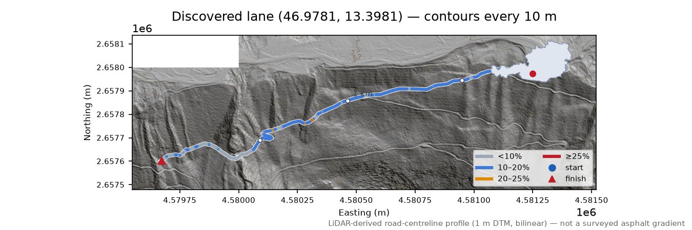 Discovered lane (46.9781, 13.3981) LiDAR hillshade map with contours