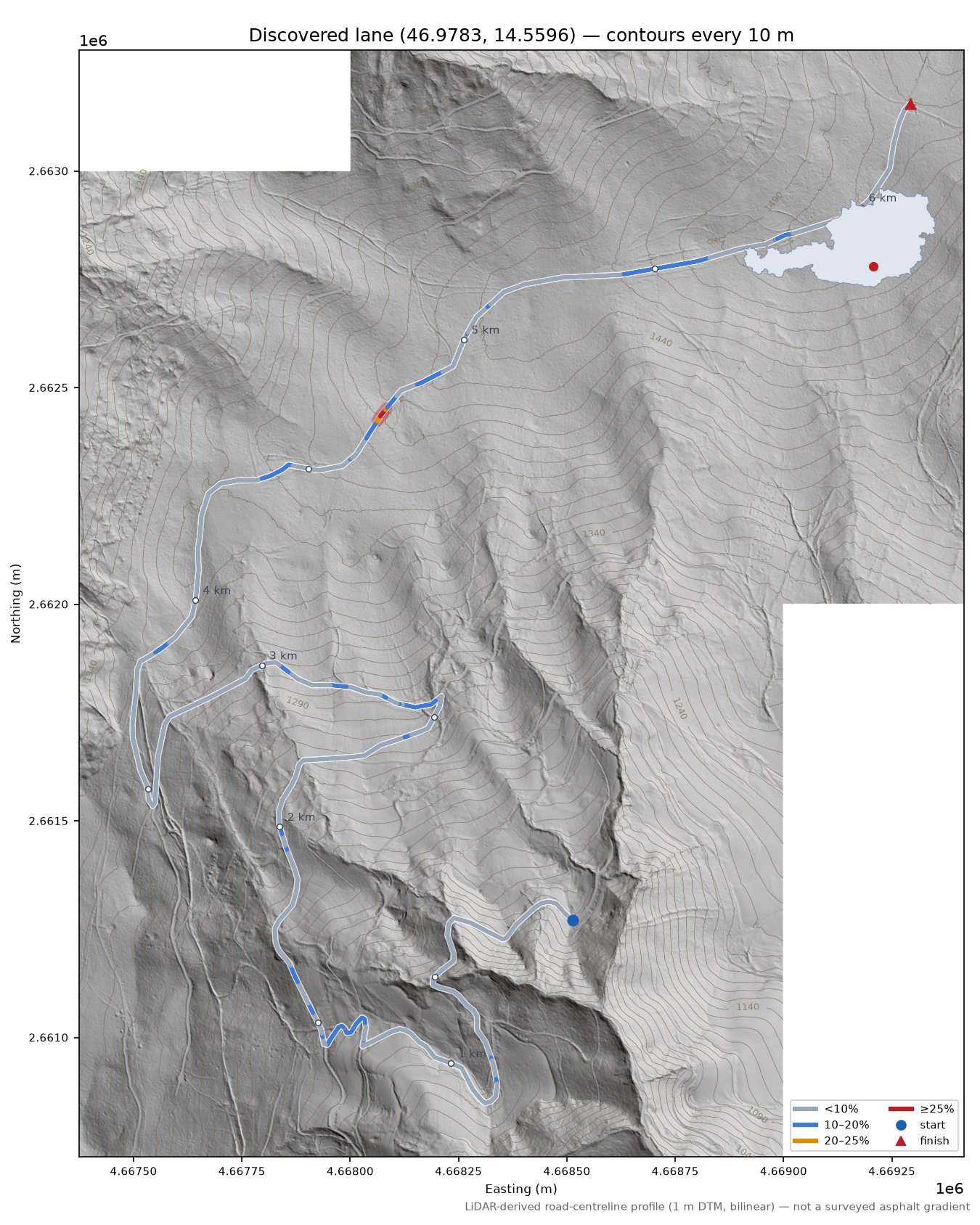 Discovered lane (46.9783, 14.5596) LiDAR hillshade map with contours
