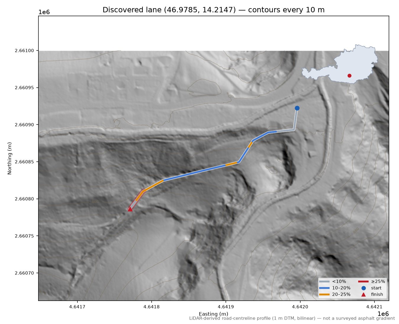 Discovered lane (46.9785, 14.2147) LiDAR hillshade map with contours