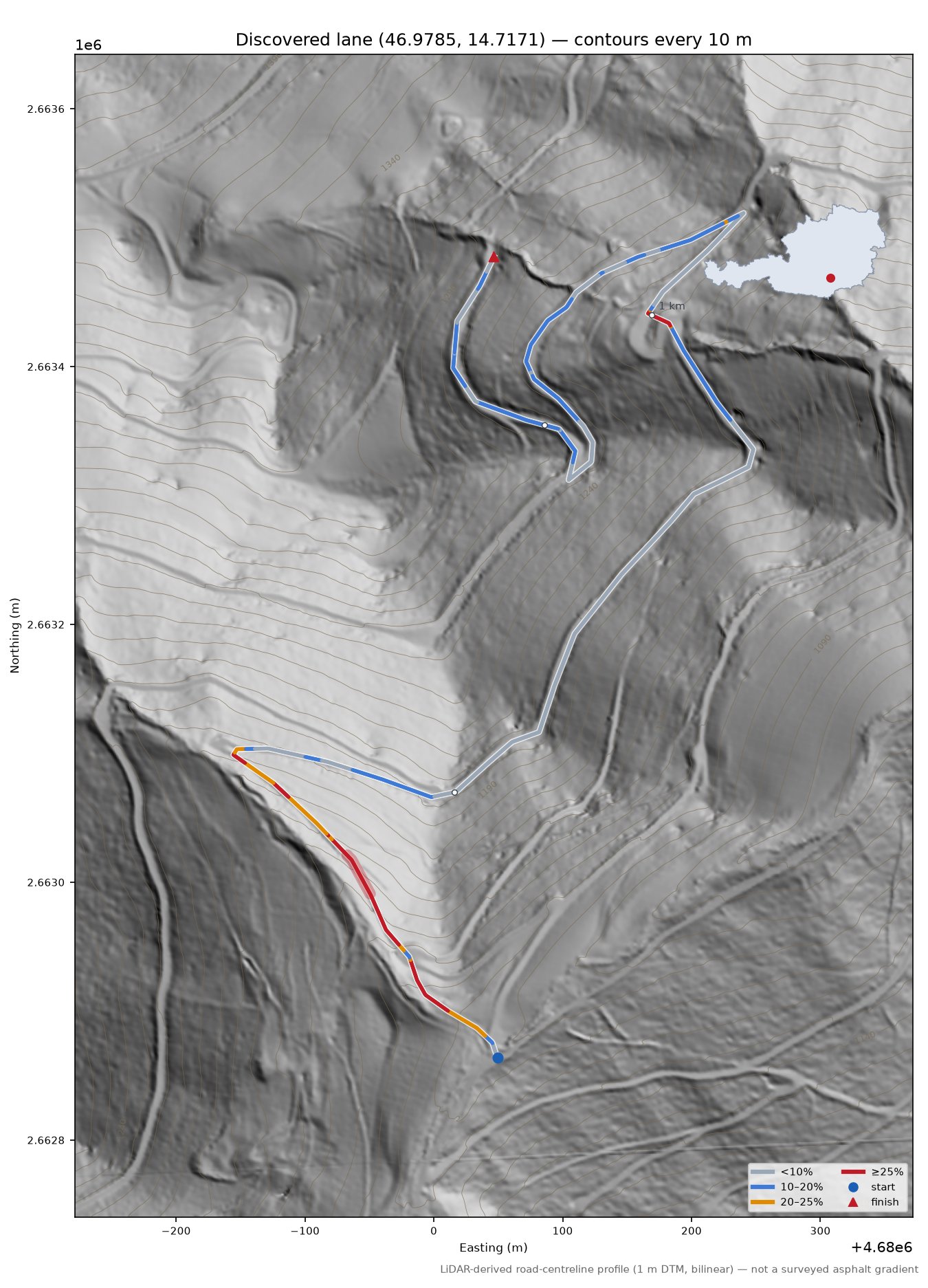 Discovered lane (46.9785, 14.7171) LiDAR hillshade map with contours