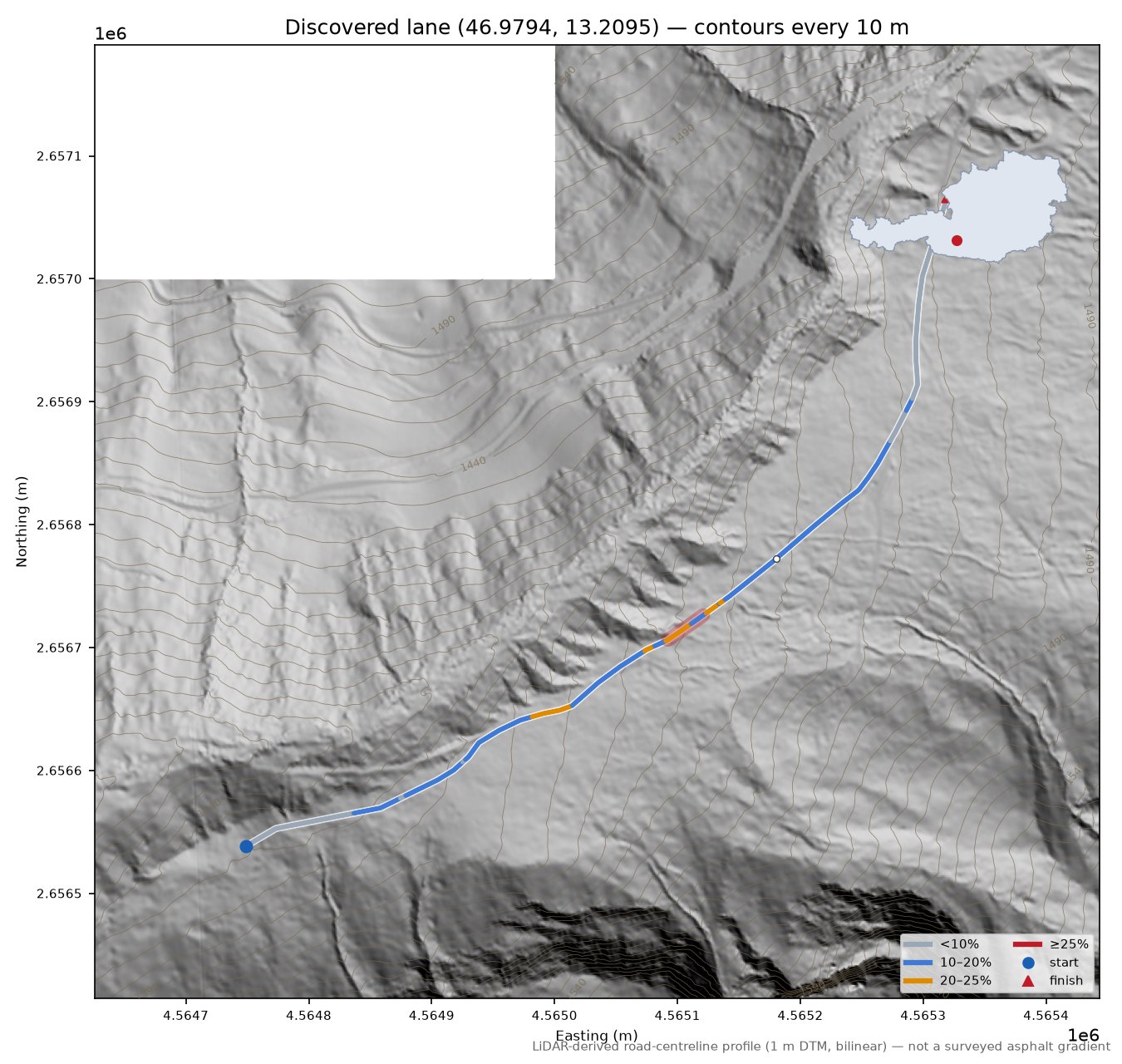 Discovered lane (46.9794, 13.2095) LiDAR hillshade map with contours