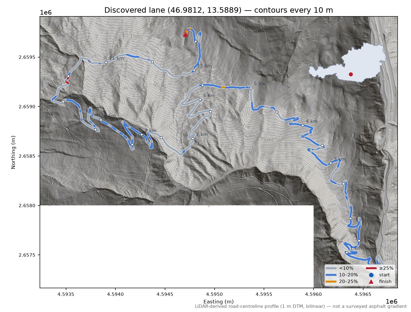 Discovered lane (46.9812, 13.5889) LiDAR hillshade map with contours