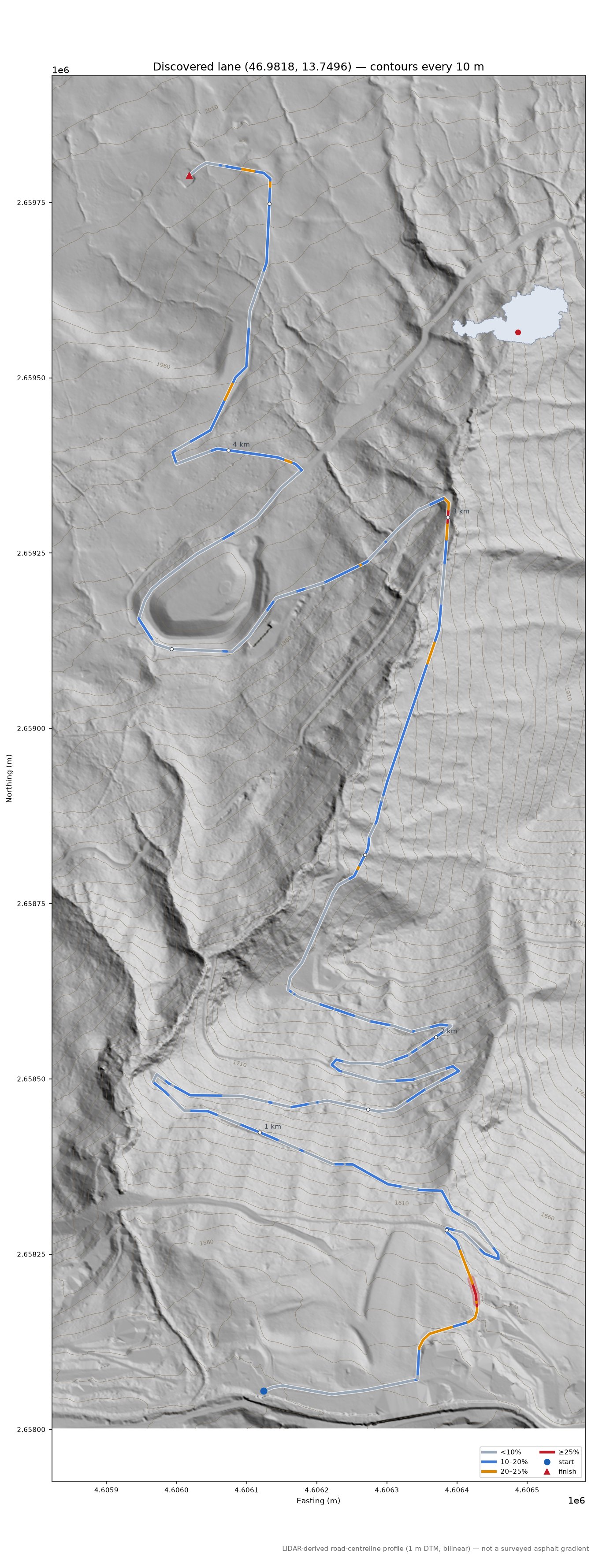 Discovered lane (46.9818, 13.7496) LiDAR hillshade map with contours