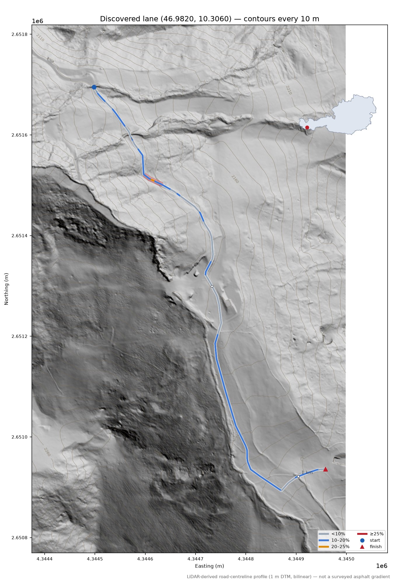 Discovered lane (46.9820, 10.3060) LiDAR hillshade map with contours