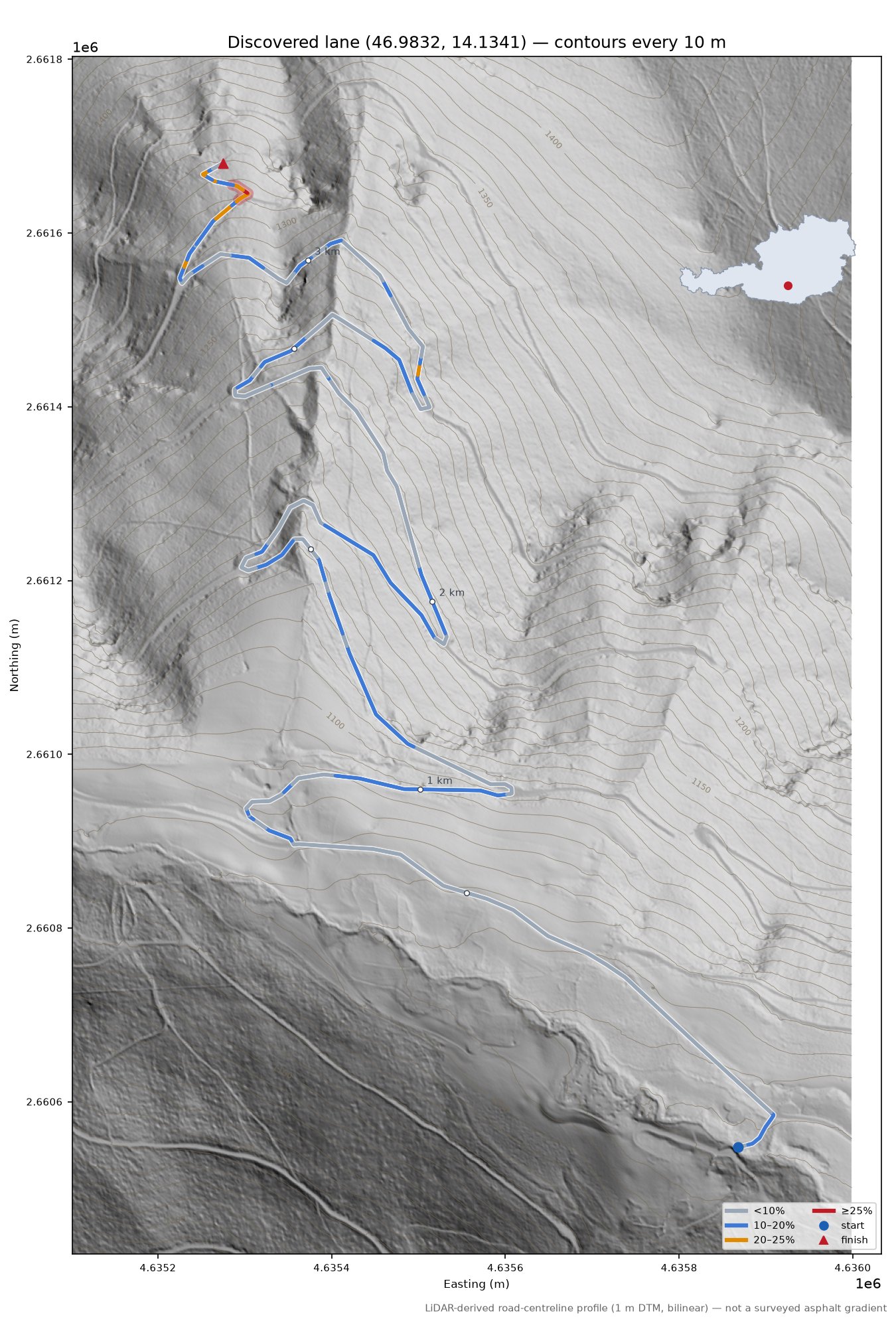 Discovered lane (46.9832, 14.1341) LiDAR hillshade map with contours