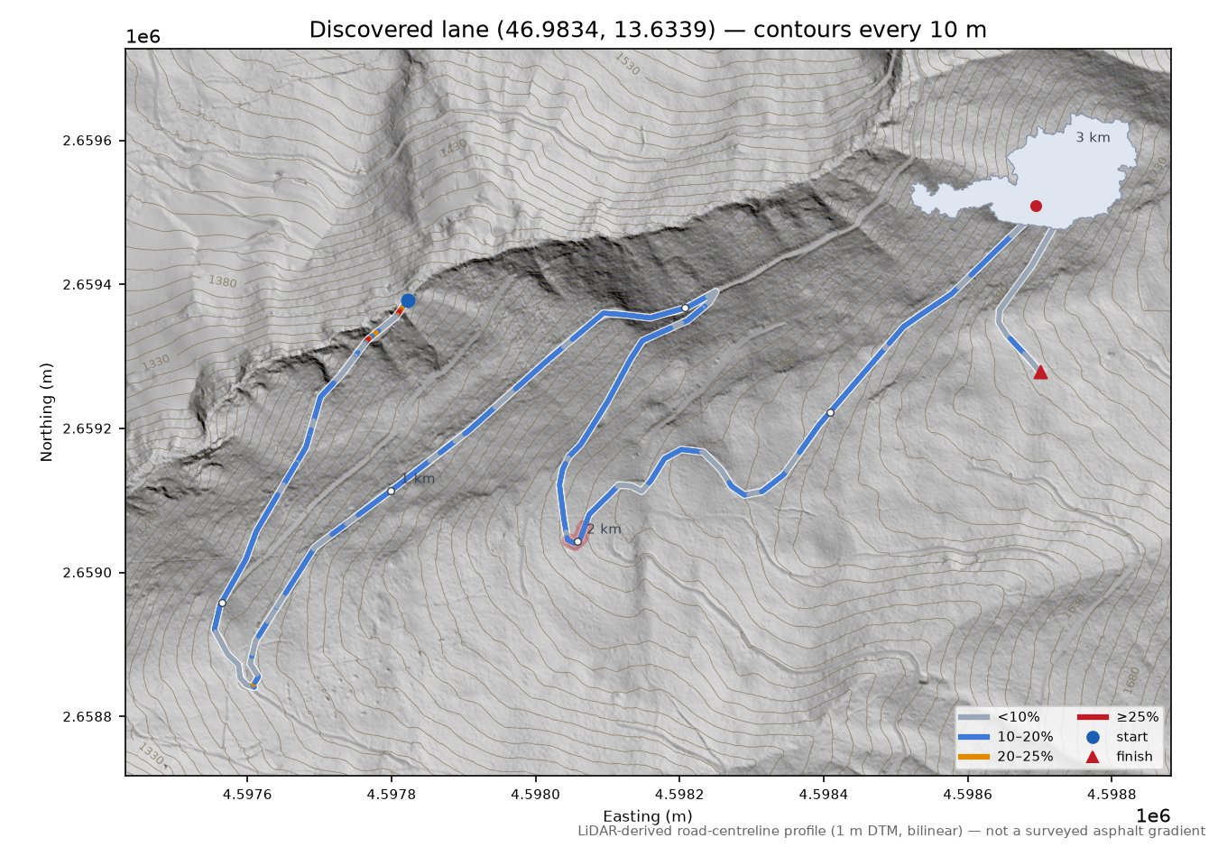 Discovered lane (46.9834, 13.6339) LiDAR hillshade map with contours