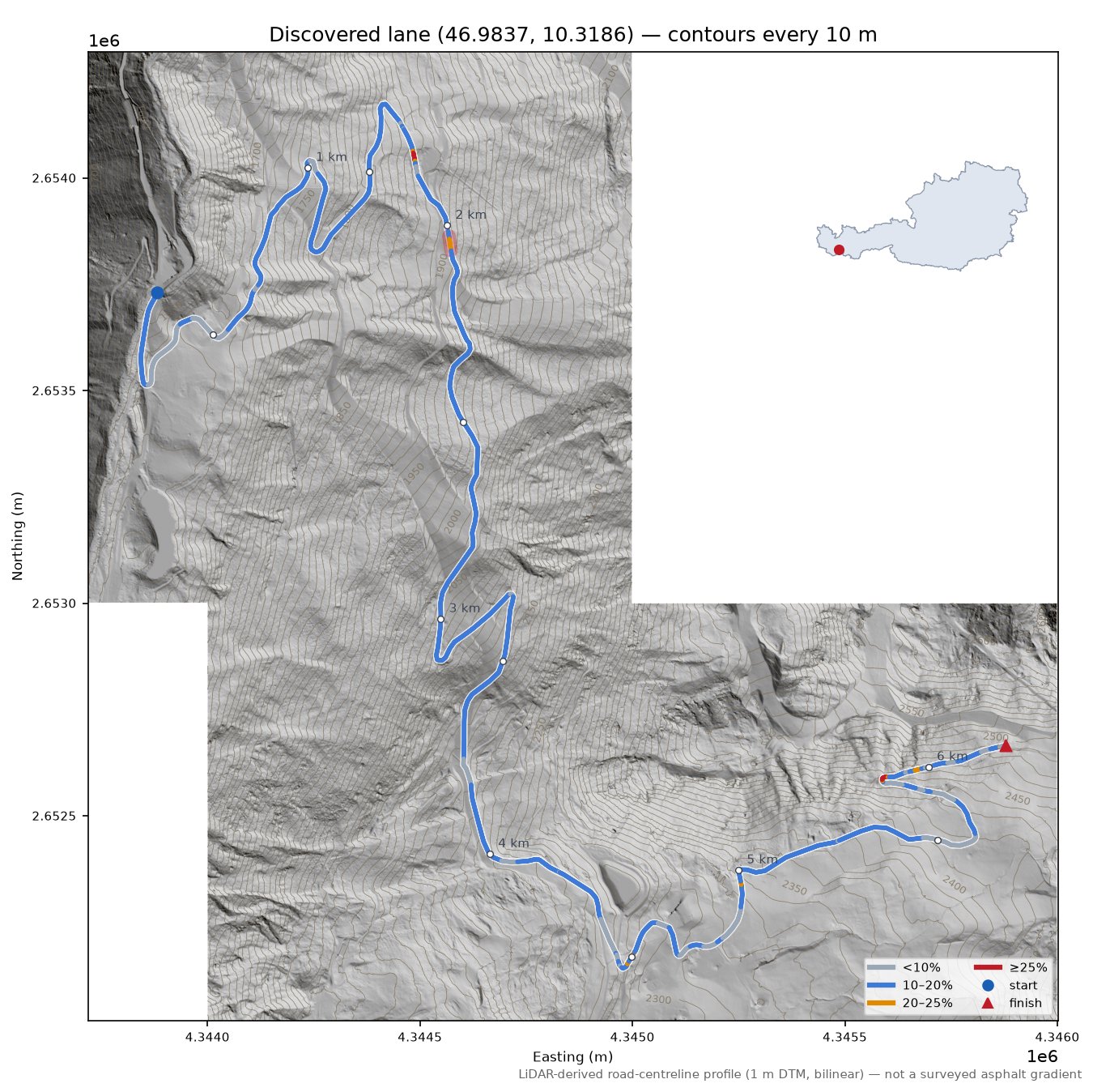 Discovered lane (46.9837, 10.3186) LiDAR hillshade map with contours