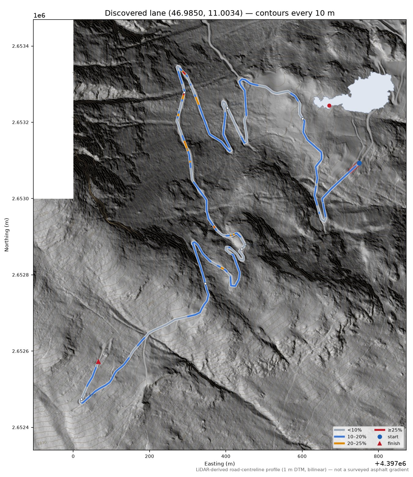 Discovered lane (46.9850, 11.0034) LiDAR hillshade map with contours
