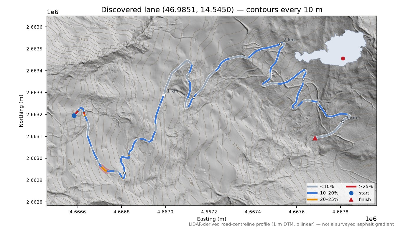 Discovered lane (46.9851, 14.5450) LiDAR hillshade map with contours
