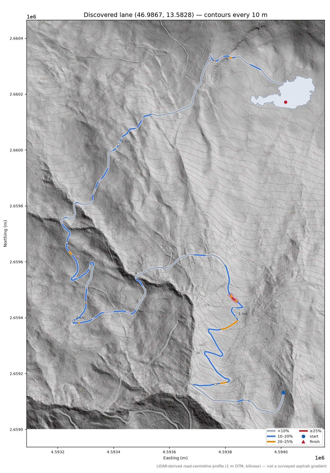 Discovered lane (46.9867, 13.5828) LiDAR hillshade map with contours
