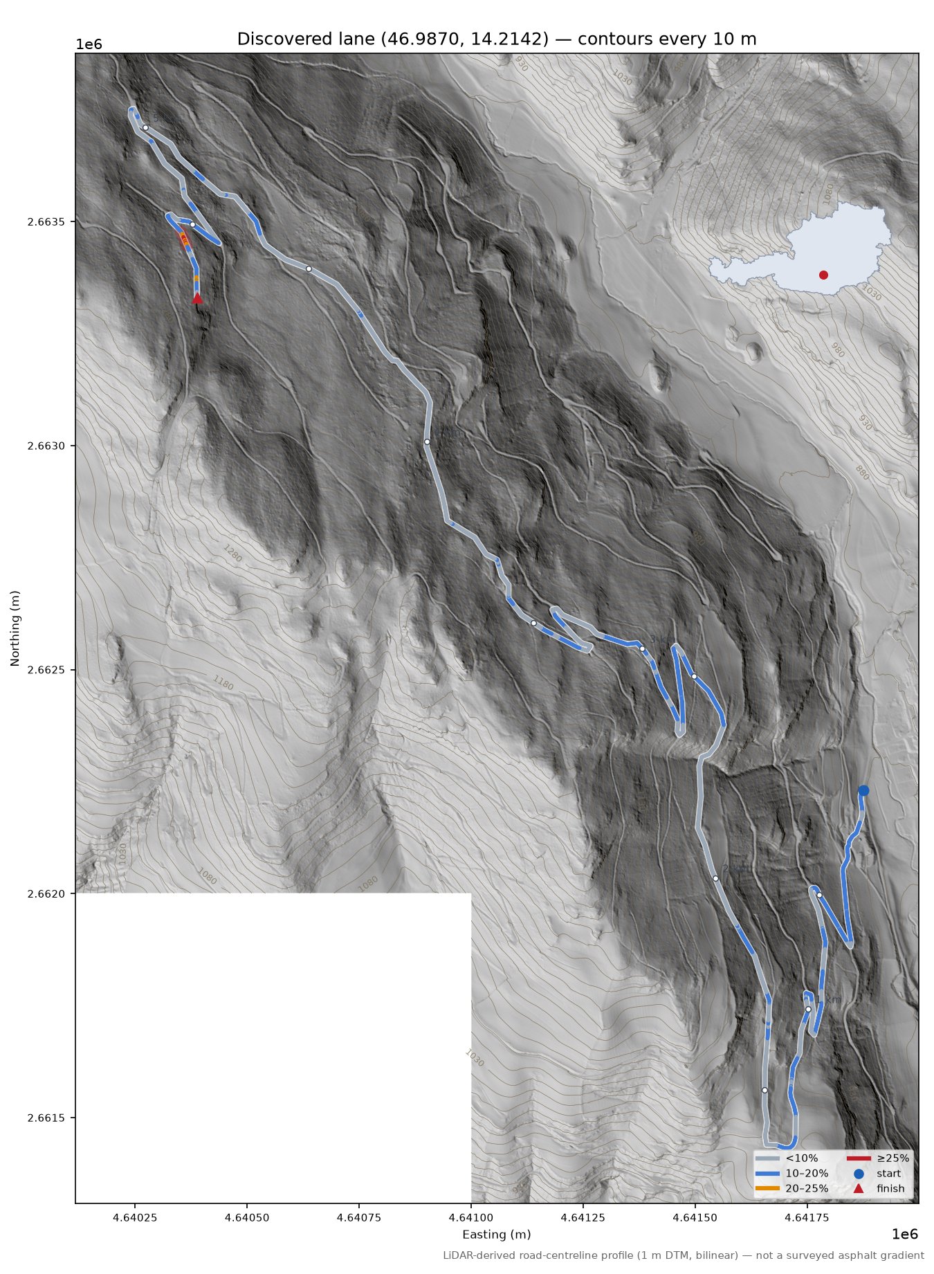 Discovered lane (46.9870, 14.2142) LiDAR hillshade map with contours