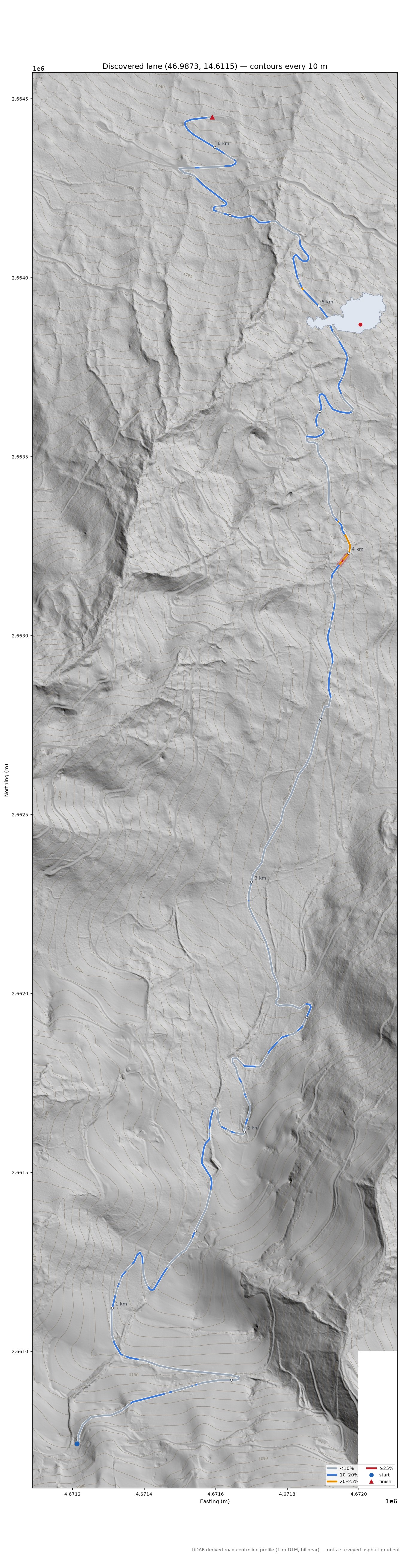Discovered lane (46.9873, 14.6115) LiDAR hillshade map with contours