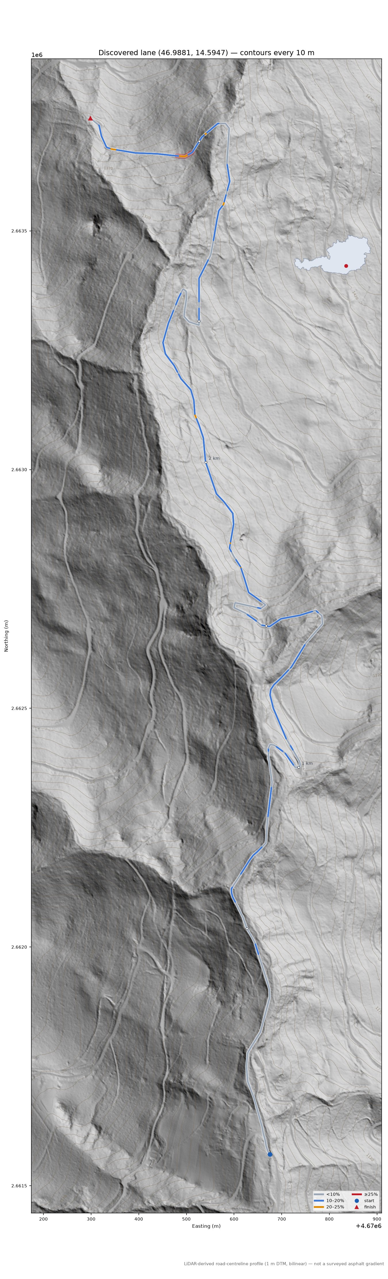 Discovered lane (46.9881, 14.5947) LiDAR hillshade map with contours