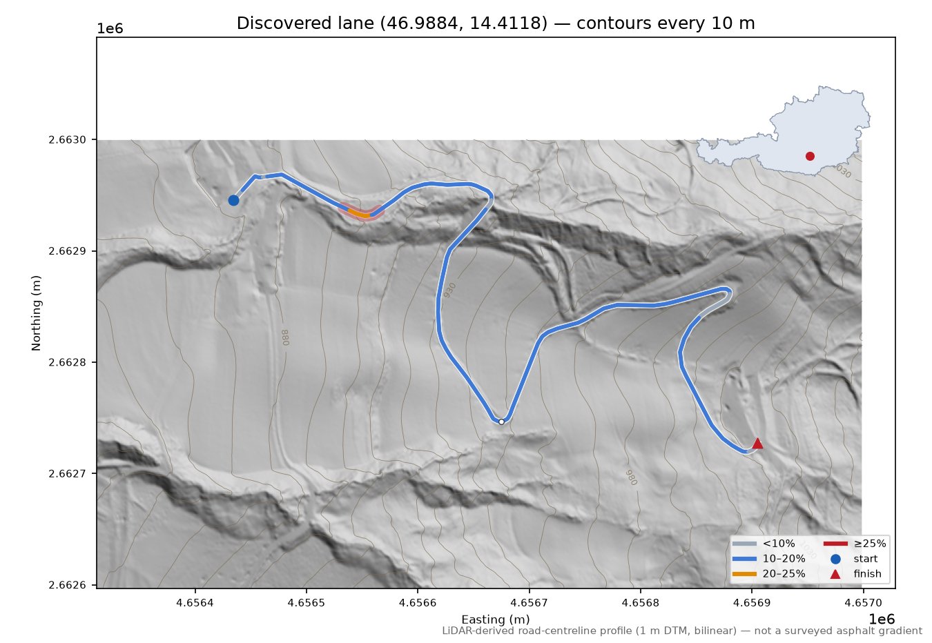 Discovered lane (46.9884, 14.4118) LiDAR hillshade map with contours