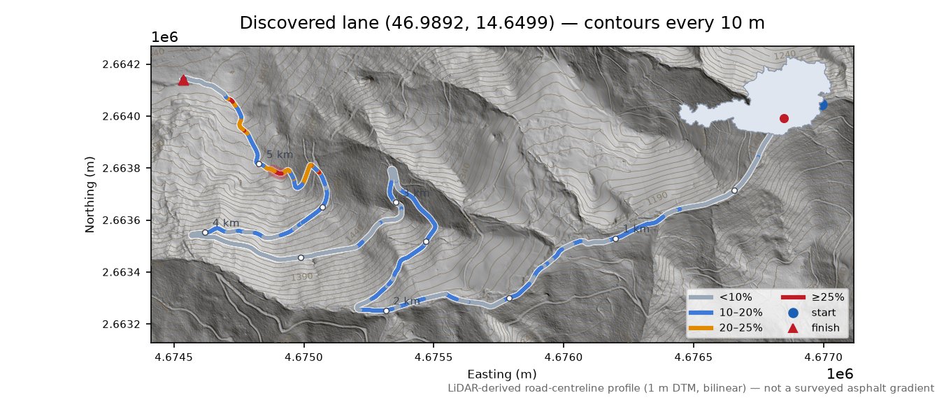 Discovered lane (46.9892, 14.6499) LiDAR hillshade map with contours