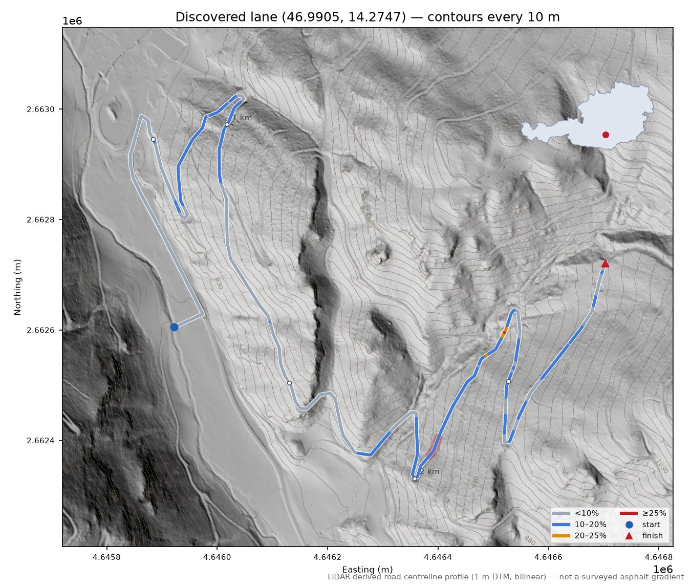 Discovered lane (46.9905, 14.2747) LiDAR hillshade map with contours