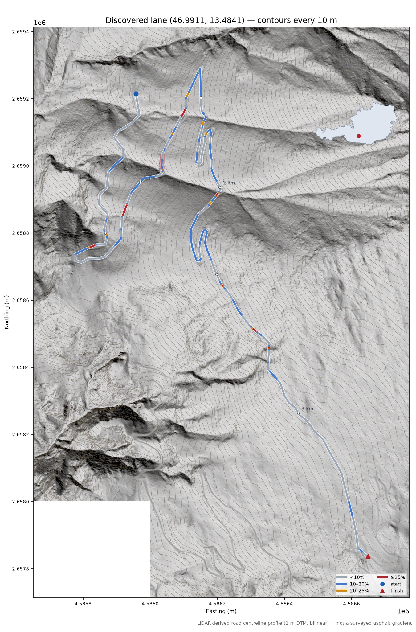 Discovered lane (46.9911, 13.4841) LiDAR hillshade map with contours