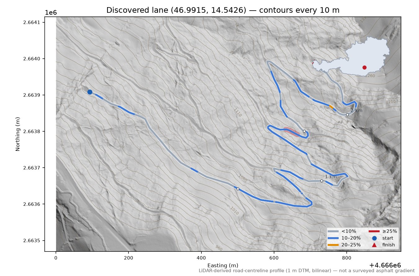 Discovered lane (46.9915, 14.5426) LiDAR hillshade map with contours
