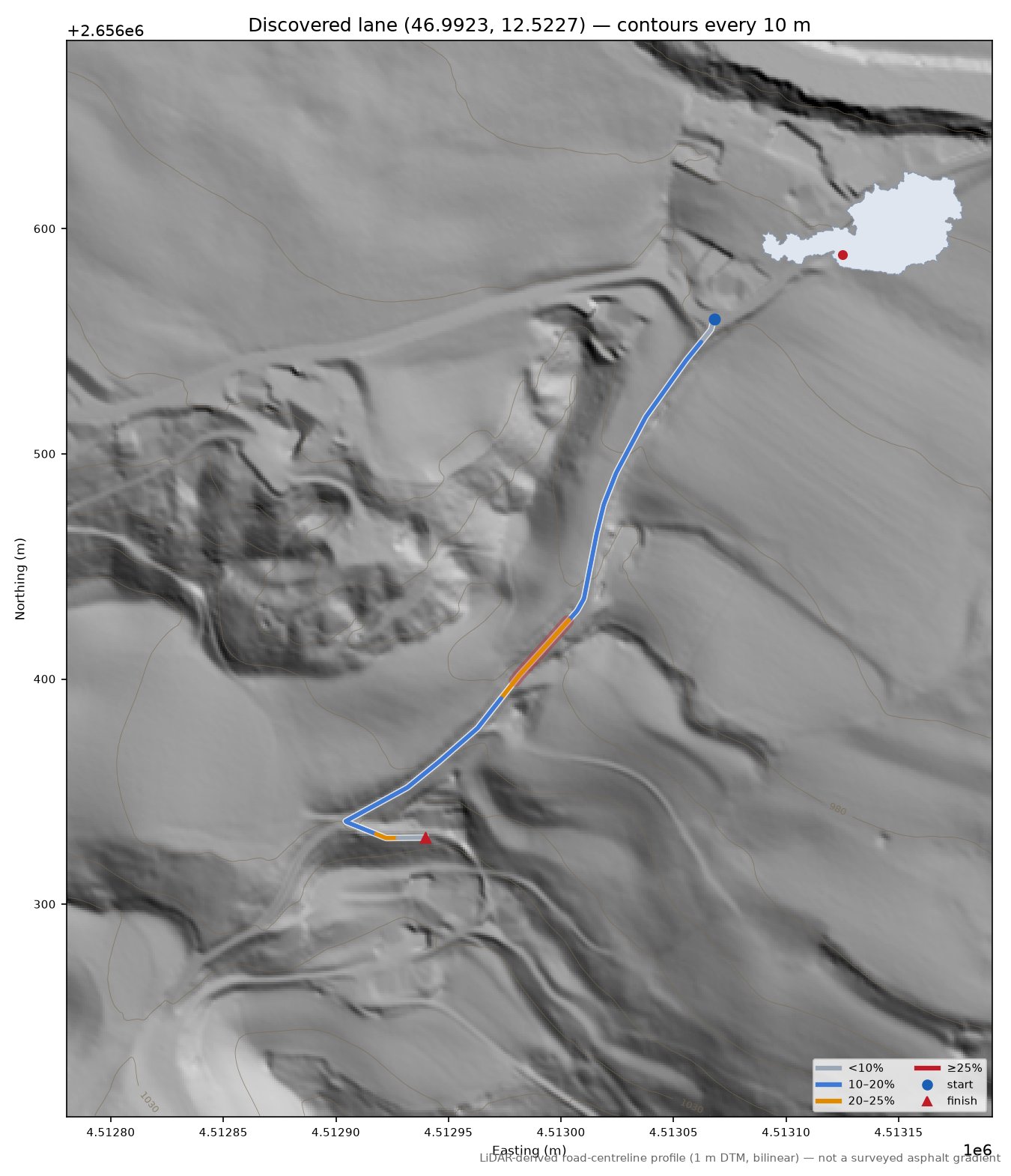 Discovered lane (46.9923, 12.5227) LiDAR hillshade map with contours